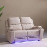 Paladin 2-Seater Fabric Recliner with LED & Cup Holder - Beige - With 2-Year Warranty