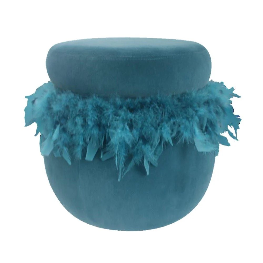 Conde Velvet Pouf with Feather-Blue - Image 2