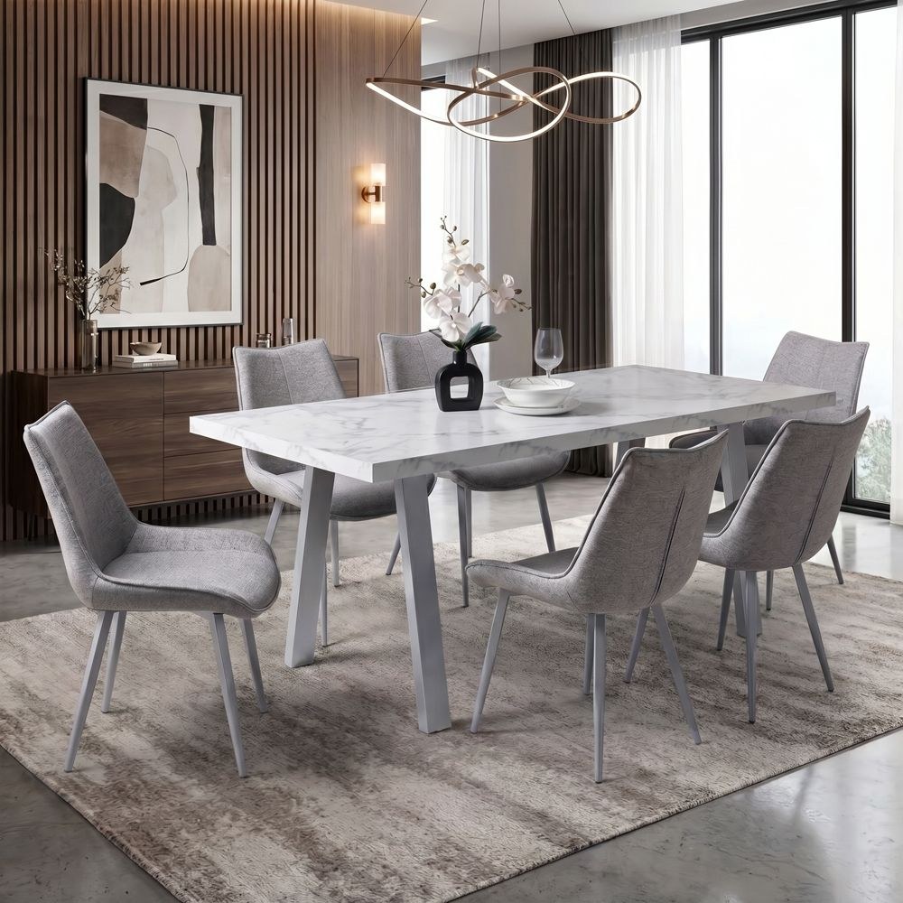 Wellington 6-Seater Modular Dining Set With Wide Legs-White Marble/Silver