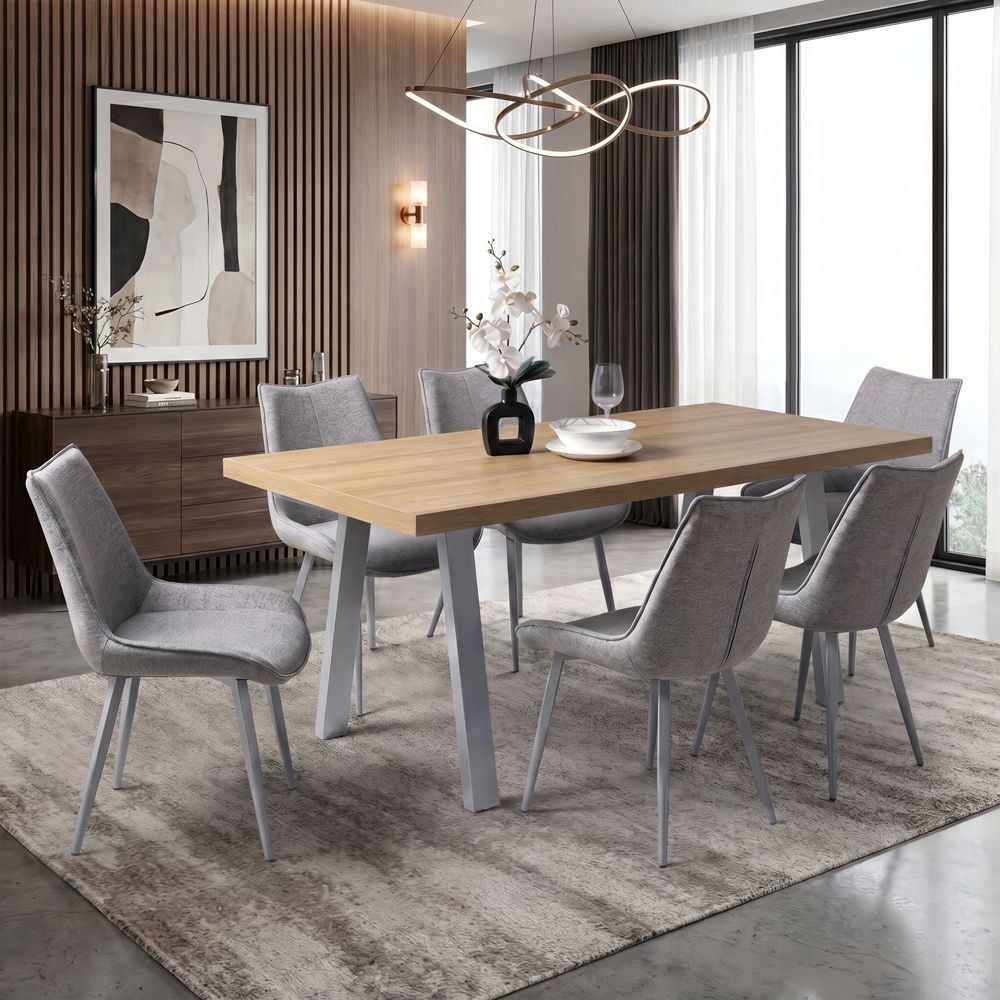Wellington 6-Seater Modular Dining Set With Wide Legs-Light Oak/Silver