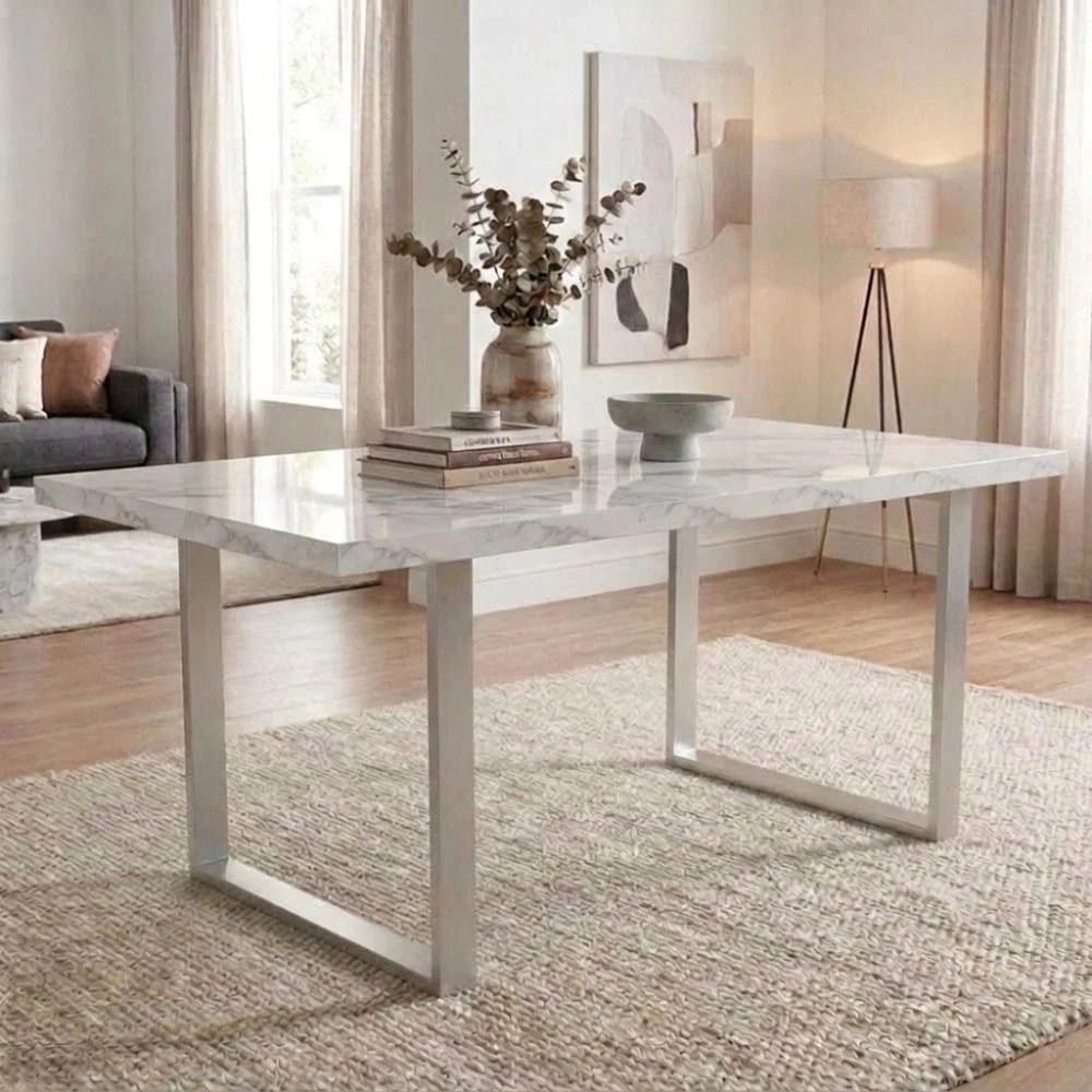 Wellington 6-Seater Modular Dining Table Top With Straight Dining Legs Set Of 2-Silver/White Marble