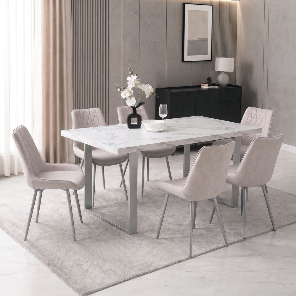 Wellington 6-Seater Modular Dining Set With Straight Legs-Silver/White Marble