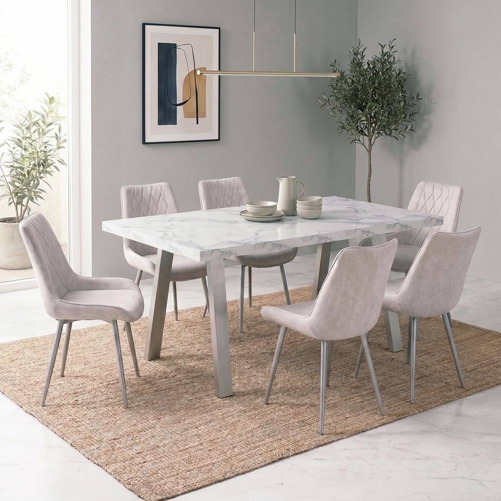 Wellington 6-Seater Modular Dining Set With Wide Legs-Silver/White Marble