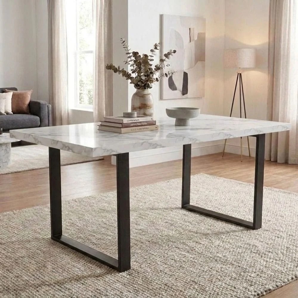 Wellington 6-Seater Modular Dining Table Top With Straight Dining Legs Set Of 2-White Marble/Black