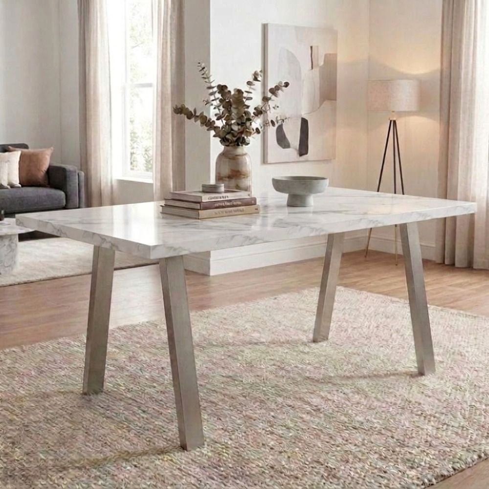 Wellington 6-Seater Modular Dining Table Top With Wide Dining Legs Set Of 2-White Marble/Silver