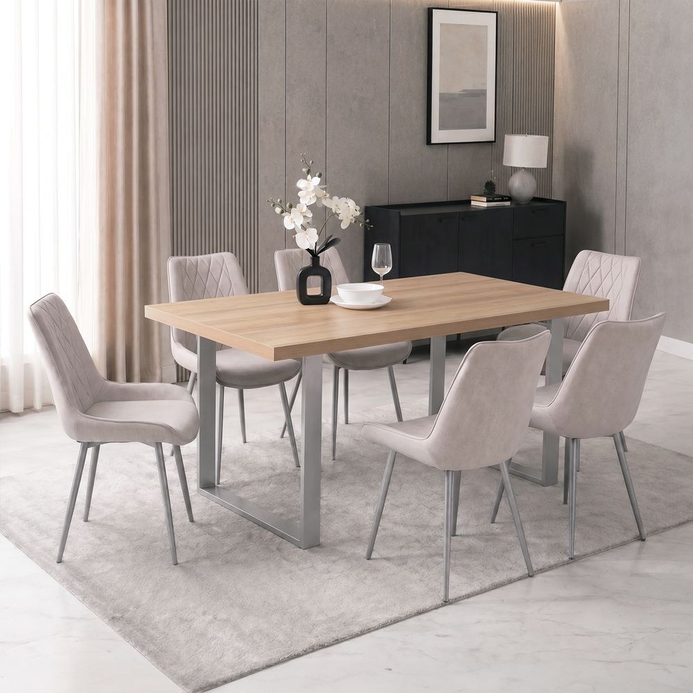 Wellington 6-Seater Modular Dining Set With Straight Legs-Light Oak/Silver