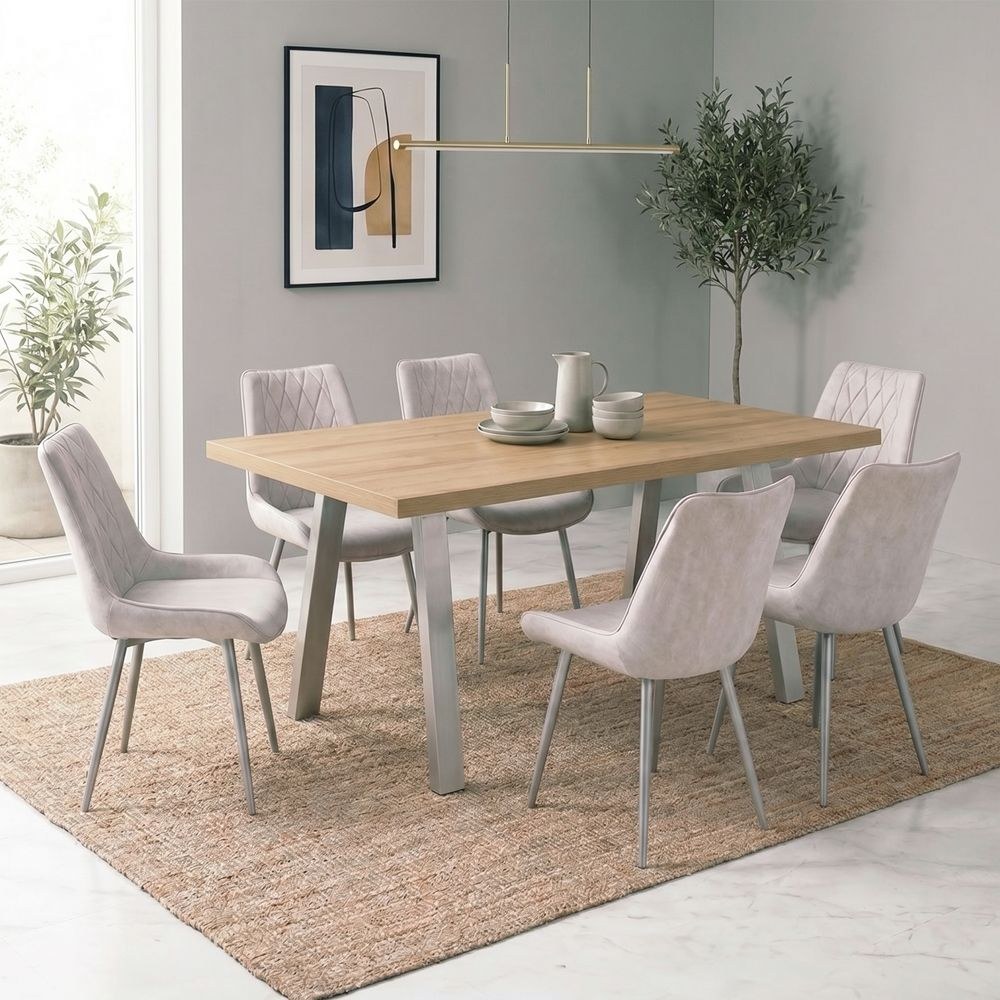 Wellington 6-Seater Modular Dining Set With Wide Legs-Light Oak/Silver