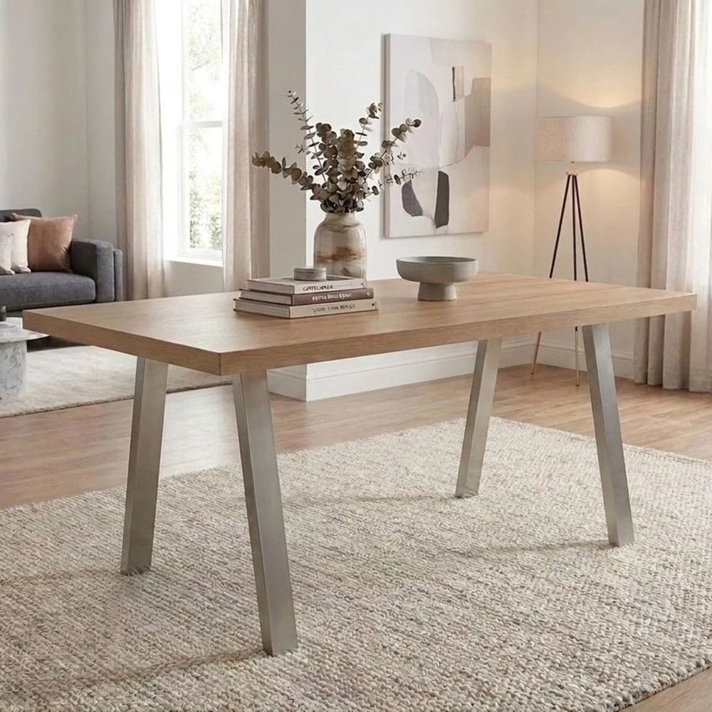 Wellington 6-Seater Modular Dining Table Top With Wide Legs Set Of 2 -Light Oak/Silver