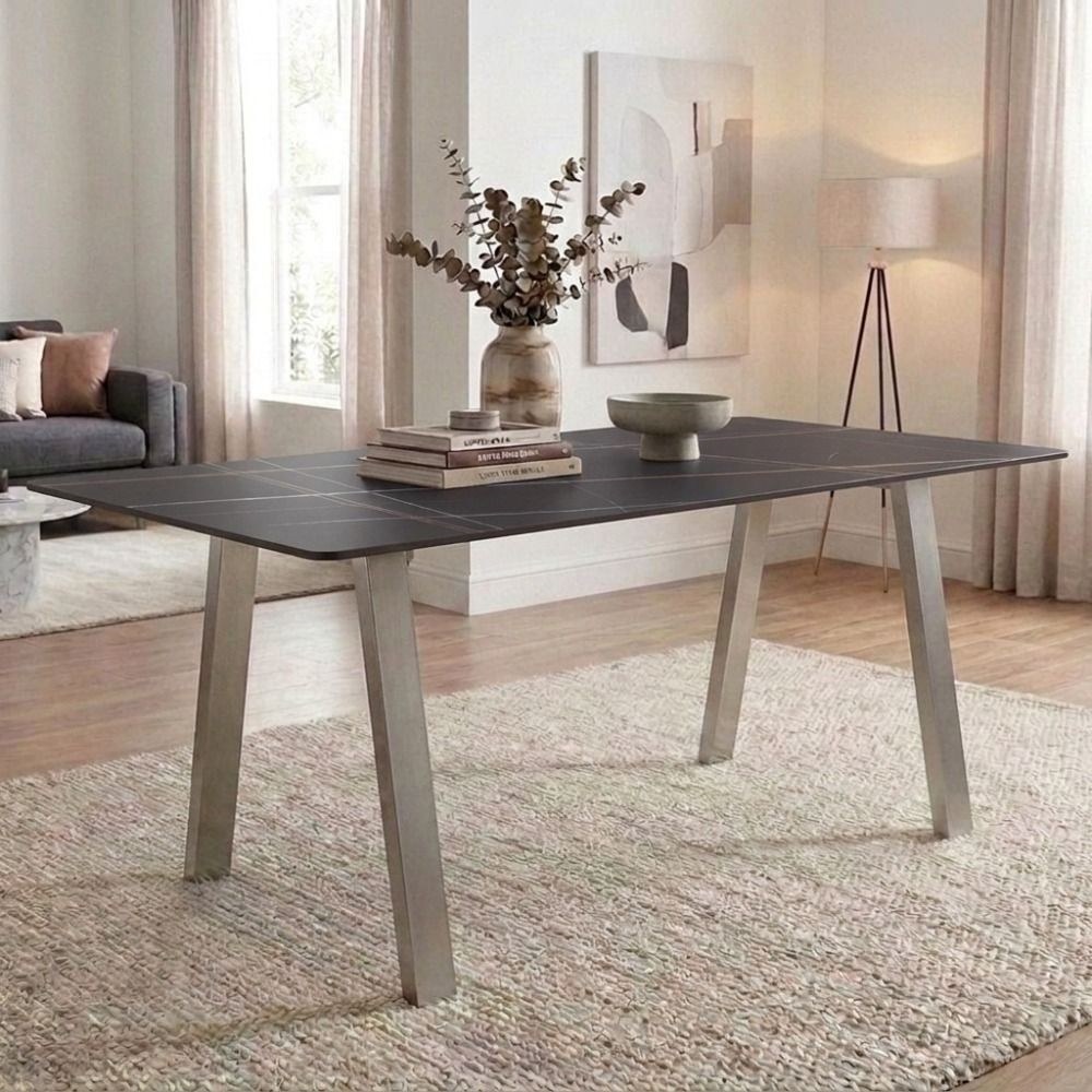 Wellington 6-Seater Modular Dining Sintered Stone Table Top With Wide Dining Legs Set Of 2-Black Pattern/Silver