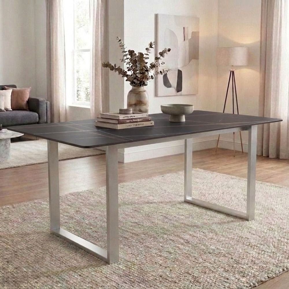 Wellington 6-Seater Modular Dining Sintered Stone Table Top With Straight Dining Legs Set Of 2-Black Pattern/Silver
