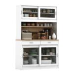 Maeda Kitchen Cabinet with 4 Sliding Doors & 2 Drawers - White/Oak - With 2-Year Warranty