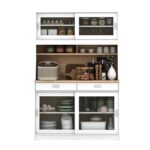 Maeda Kitchen Cabinet with 4 Sliding Doors & 2 Drawers - White/Oak - With 2-Year Warranty