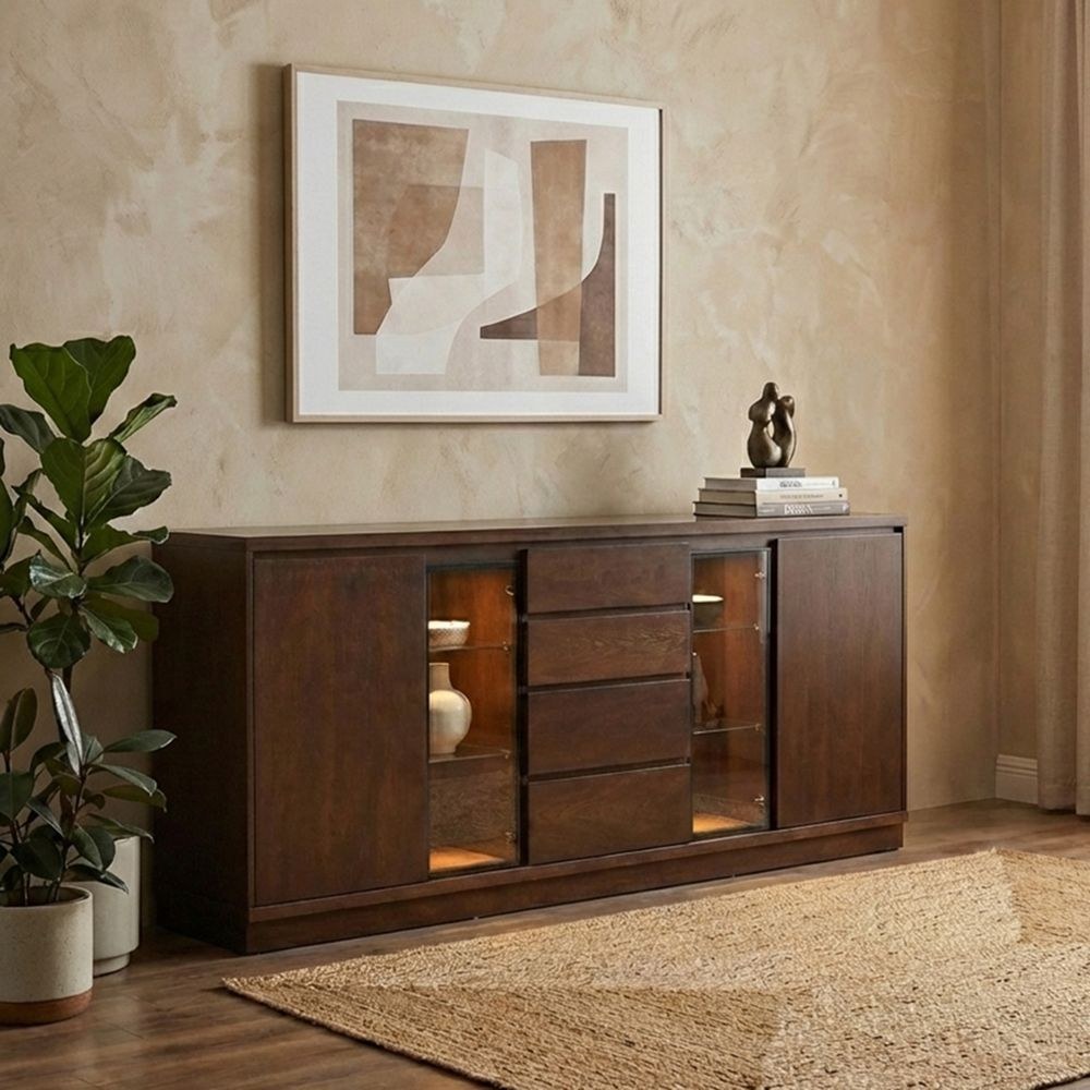 Clarisse 2 Doors and 4 Drawer Buffet Cabinet With LED Lights- Walnut