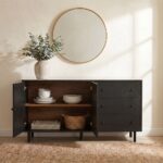 Midland Stone Top Sideboard with 2 Doors and 3 Drawers - High Gloss Grey/Black - With 2-Year Warranty
