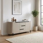 Meshville Glass Top Buffet Cabinet With 2 Doors & 3 Drawers-Grey/Black