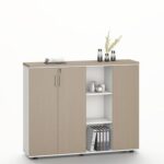 Herstal Office Credenza with 3 Doors and Open Shelves - Oak/White - With 5-Year Warranty