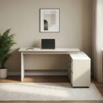 Eupen Executive L-Shaped Office Desk with Lockable Top Drawer and Open Shelves - White/Beige - With 2-Year Warranty