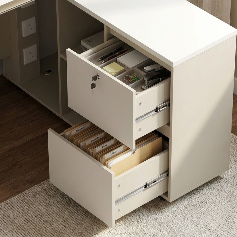 Eupen Executive L-Shaped Office Desk with Lockable Top Drawer and Open Shelves - White/Beige - With 2-Year Warranty - Image 3