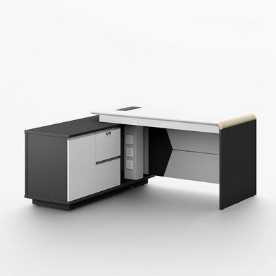 Skive Executive L- Shape Office Desk With 2 Drawer and 1 Door Storage - White/Grey - Image 3