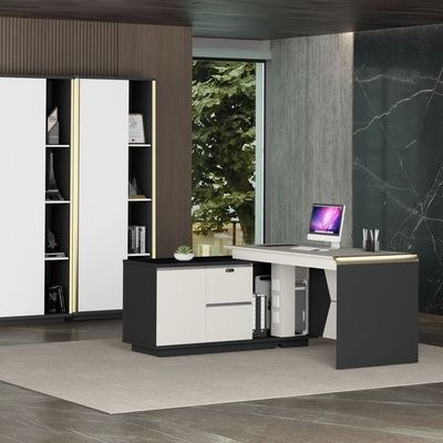Skive Executive L- Shape Office Desk With 2 Drawer and 1 Door Storage - White/Grey - Image 4