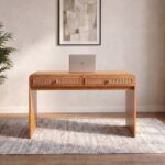 V2 Rita Writing Desk with Natural Rattan-Oak/Rattan – With 2-Year Warranty