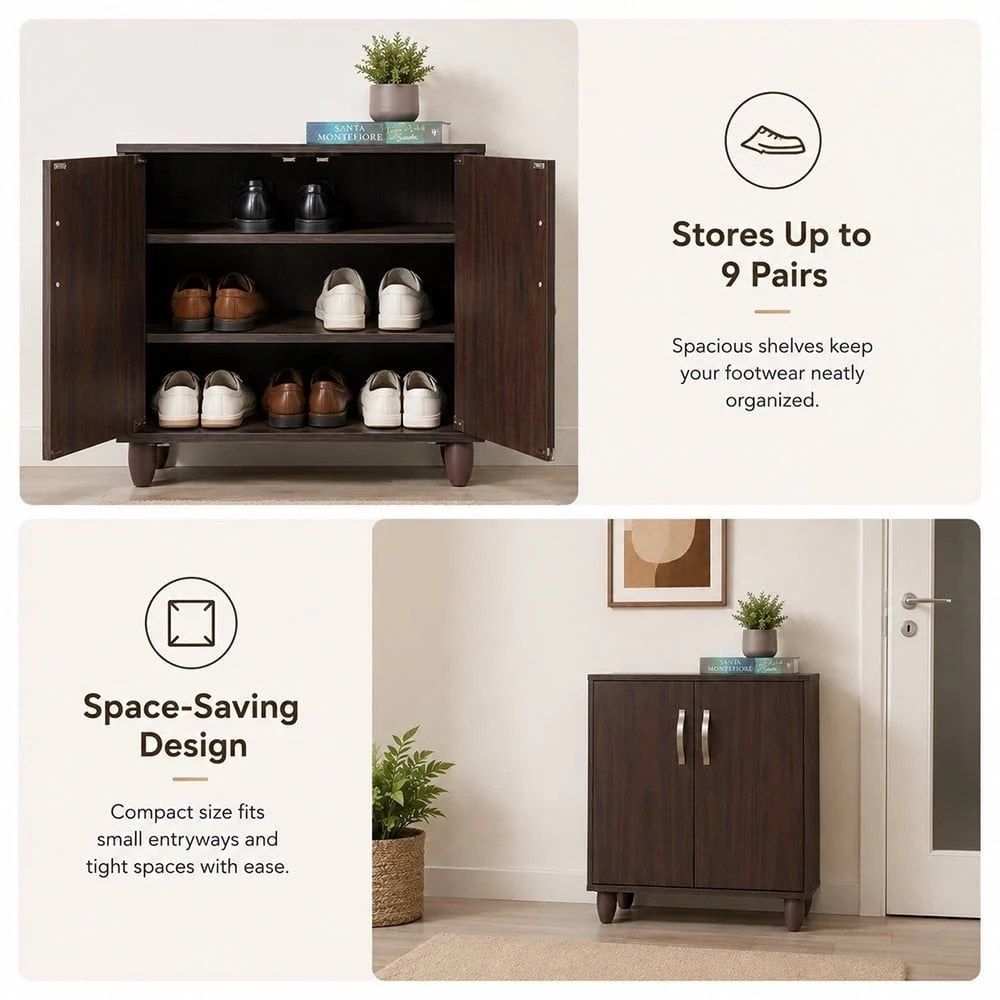 Viar 9-Pair Shoe Cabinet- Walnut-With 2-Year Warranty - Image 2