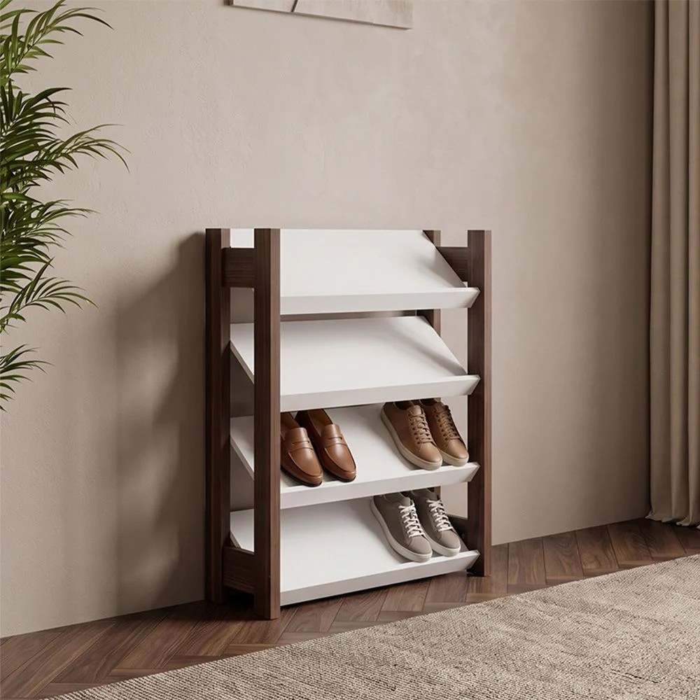 Lean 4-Tier Shoe Cabinet - 12 Pairs - White/Walnut - With 2-Year Warranty