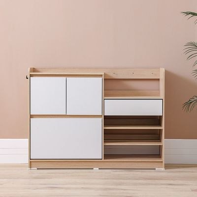 Barbados 15-Pair Shoe Cabinet with Open Shelves & Hooks-White/Oak-With 2-Year Warranty