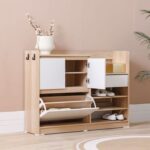 Barbados 15-Pair Shoe Cabinet with Open Shelves & Hooks-White/Oak-With 2-Year Warranty
