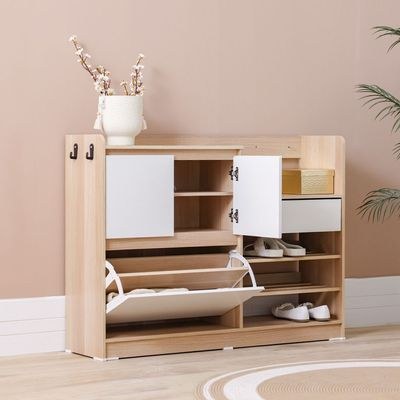 Barbados 15-Pair Shoe Cabinet with Open Shelves & Hooks-White/Oak-With 2-Year Warranty - Image 3