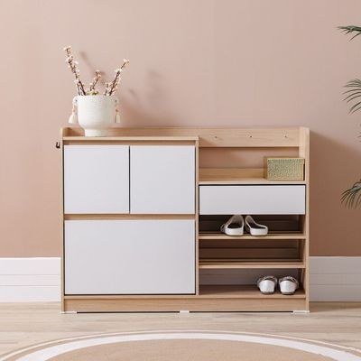 Barbados 15-Pair Shoe Cabinet with Open Shelves & Hooks-White/Oak-With 2-Year Warranty - Image 4