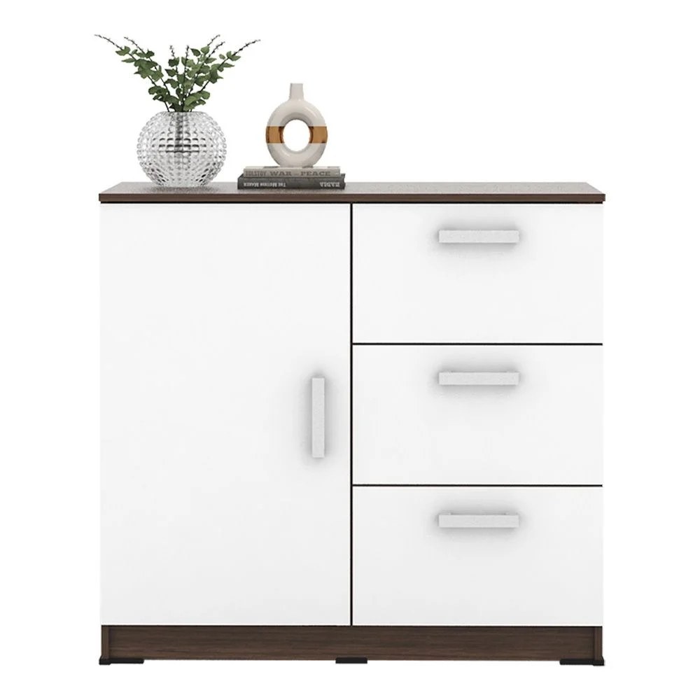 Alba Multipurpose Cabinet with 1 Door and 3 Drawers - Walnut/White - With 2-Year Warranty - Image 2