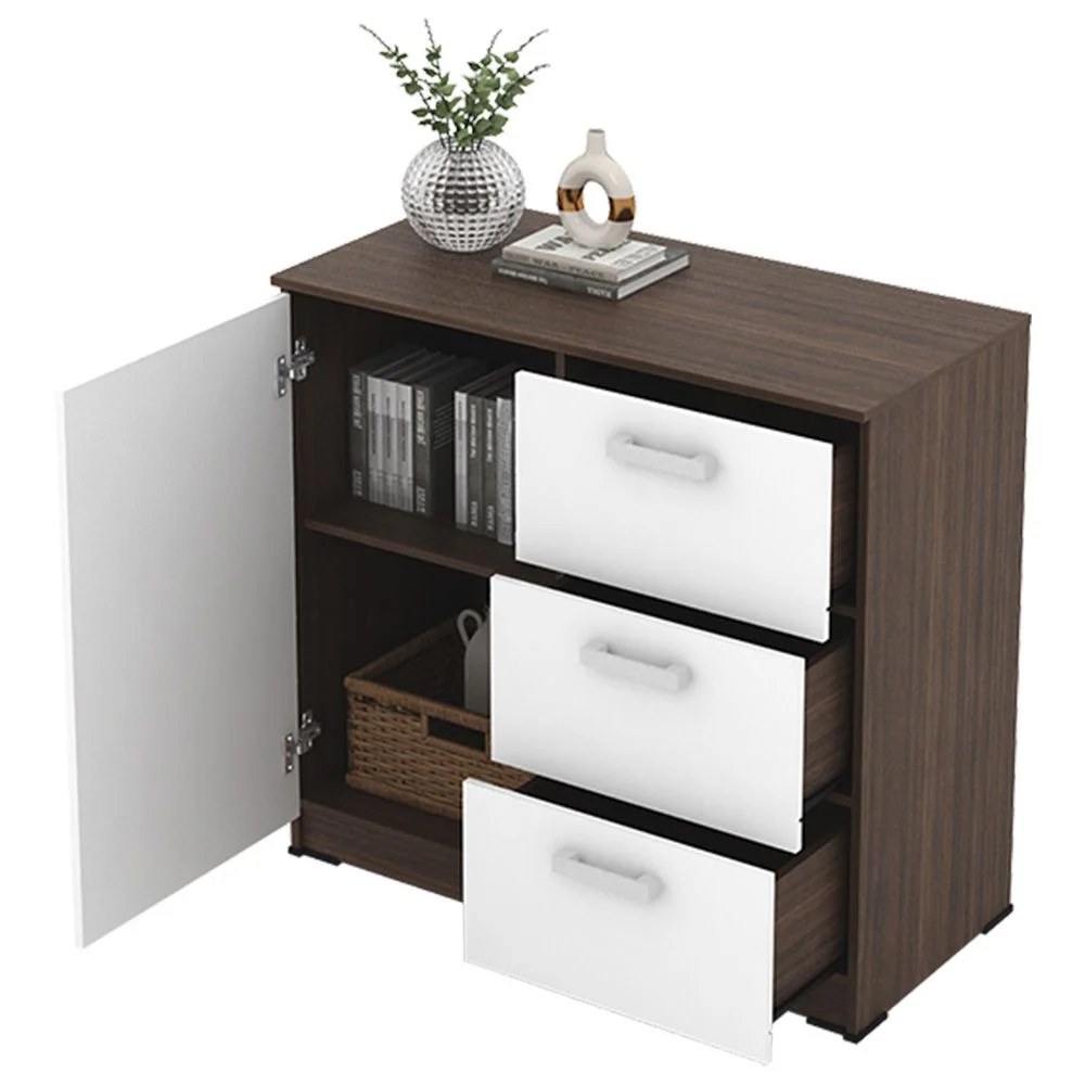 Alba Multipurpose Cabinet with 1 Door and 3 Drawers - Walnut/White - With 2-Year Warranty - Image 3
