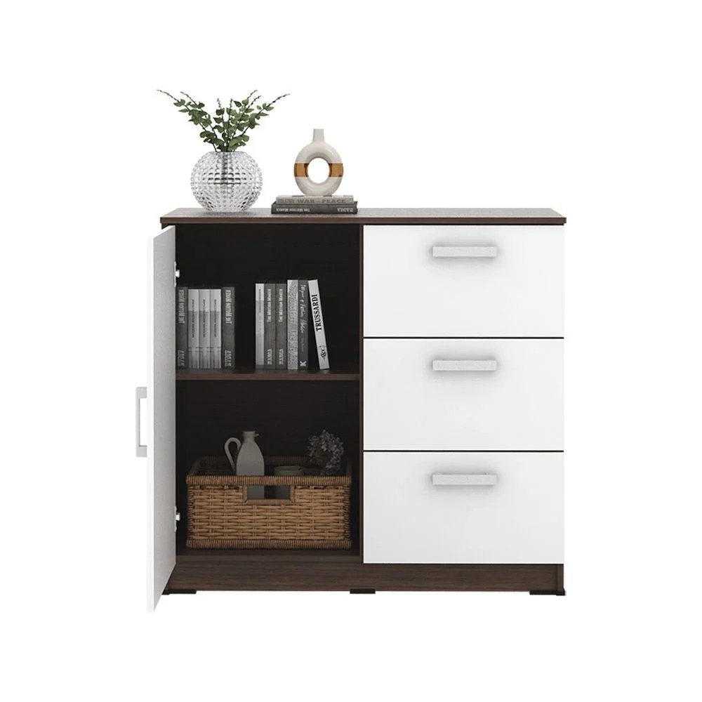 Alba Multipurpose Cabinet with 1 Door and 3 Drawers - Walnut/White - With 2-Year Warranty - Image 4