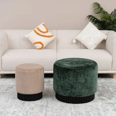 Evans Set Of 2 Round Stackable Ottomans- Green/Beige