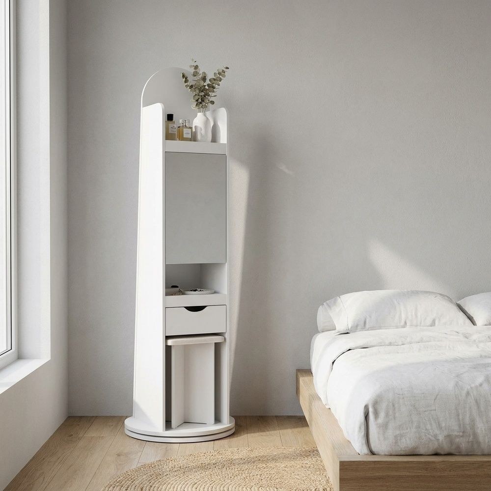 Kate Swivel Standing Cabinet With Mirror And Stool - White