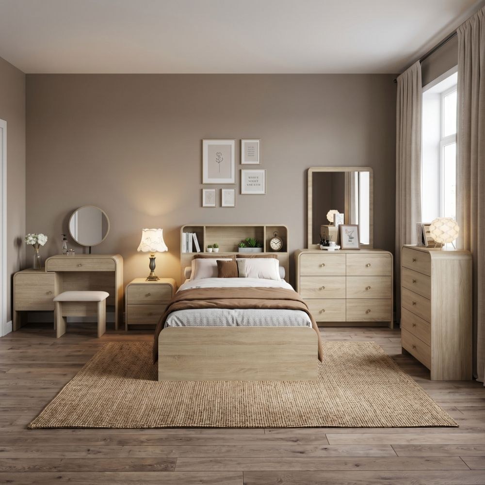 Monro 120X200 Single Bedroom Set With Underbed & Headboard Storage - Natural Oak
