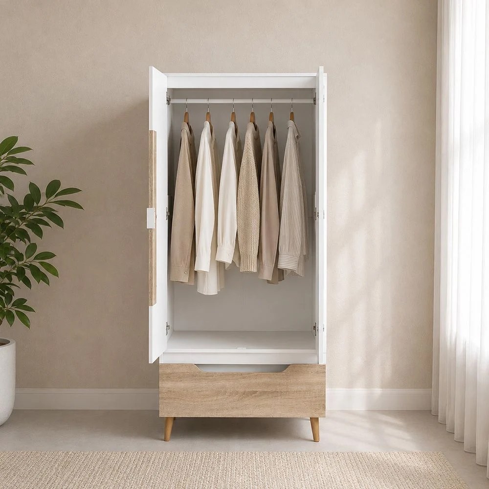 Aurora 2 Door Wardrobe With Drawer-White/Natural - Image 2