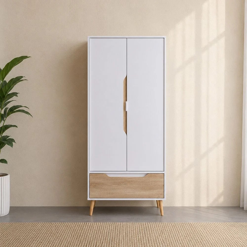 Aurora 2 Door Wardrobe With Drawer-White/Natural - Image 3
