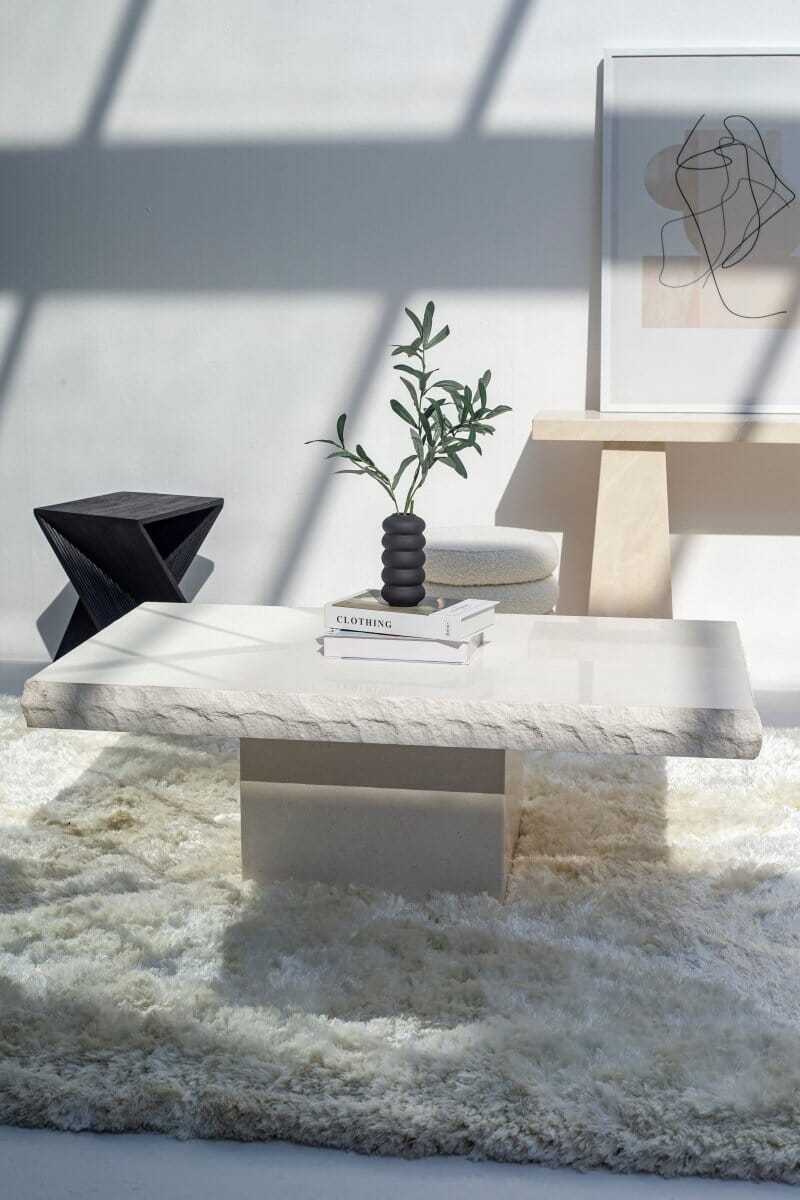 Gala Lime Stone Textured Edges White Coffee Table - Image 3
