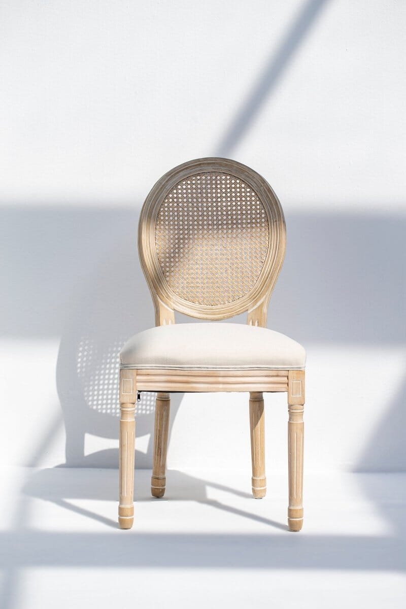 Georgiana Wood Dining Chair with Rattan Back Rest & Off White Seating - Image 3