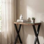 Renato Railway Wood Glass Top Console Table With X Shape Legs