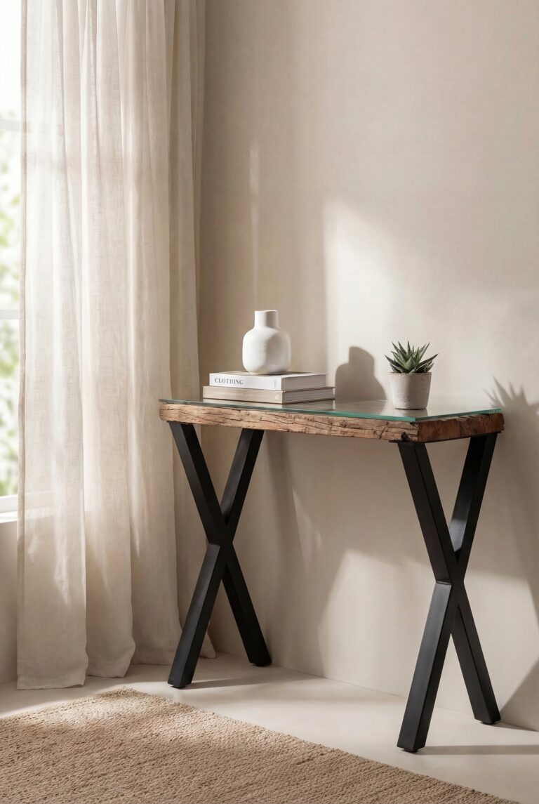 Renato Railway Wood Glass Top Console Table With X Shape Legs