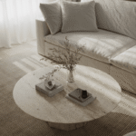Peyton Travertine Round Coffee Table with Geometric Leg
