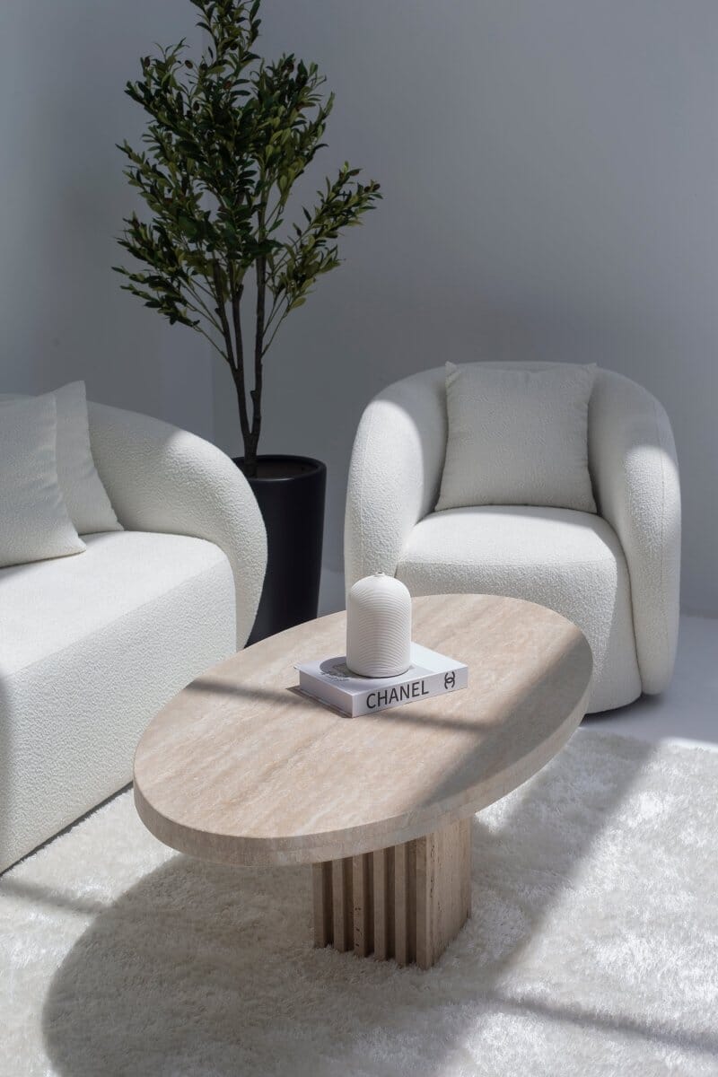 Philomena Oval Travertine Coffee Table With Travertine Slat Base - Image 3