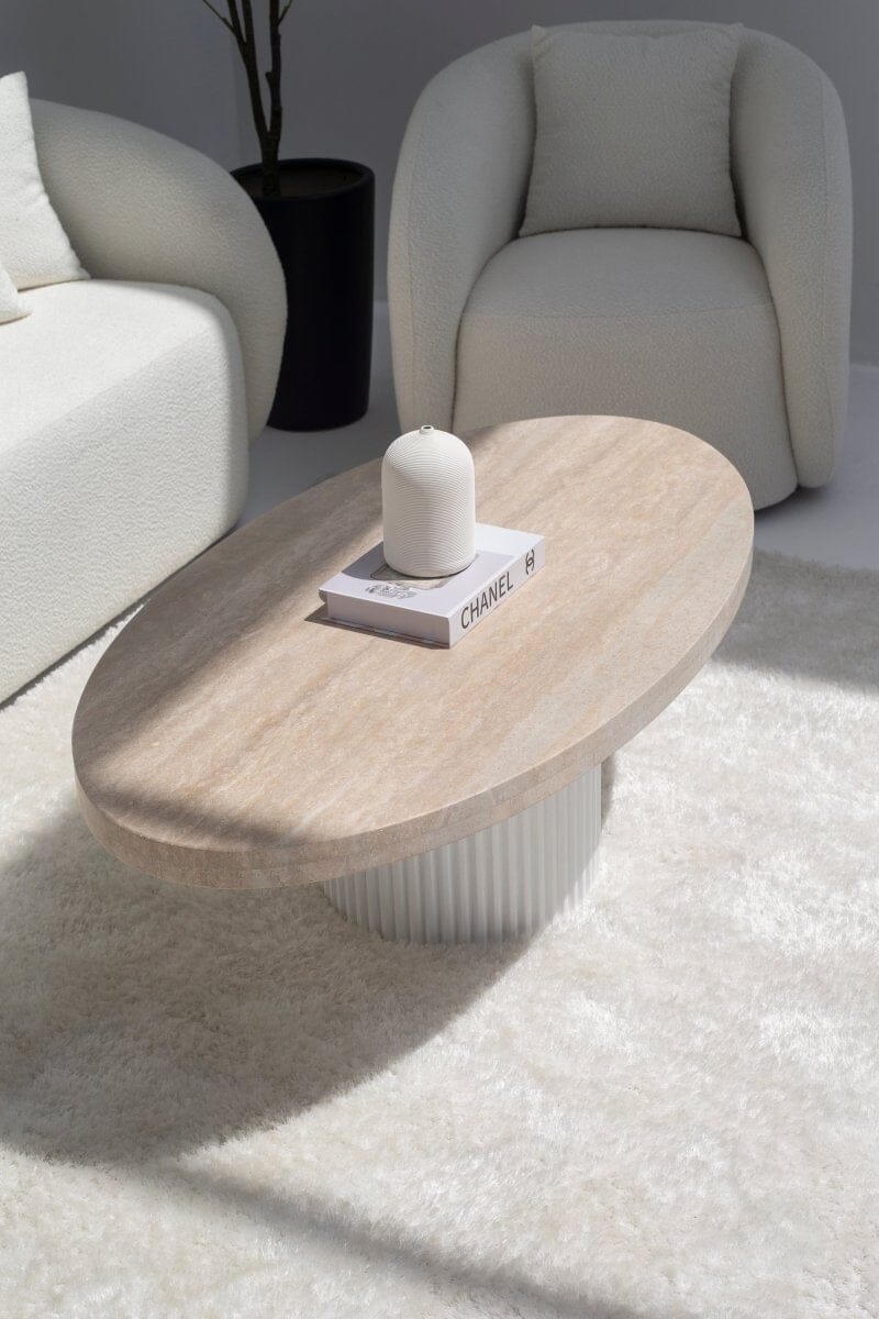 Melina Oval Travertine Coffee Table With White Base - Image 3
