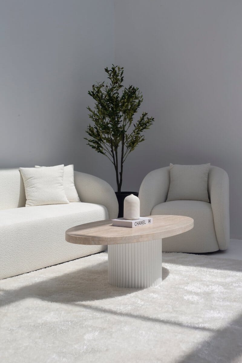 Melina Oval Travertine Coffee Table With White Base - Image 4