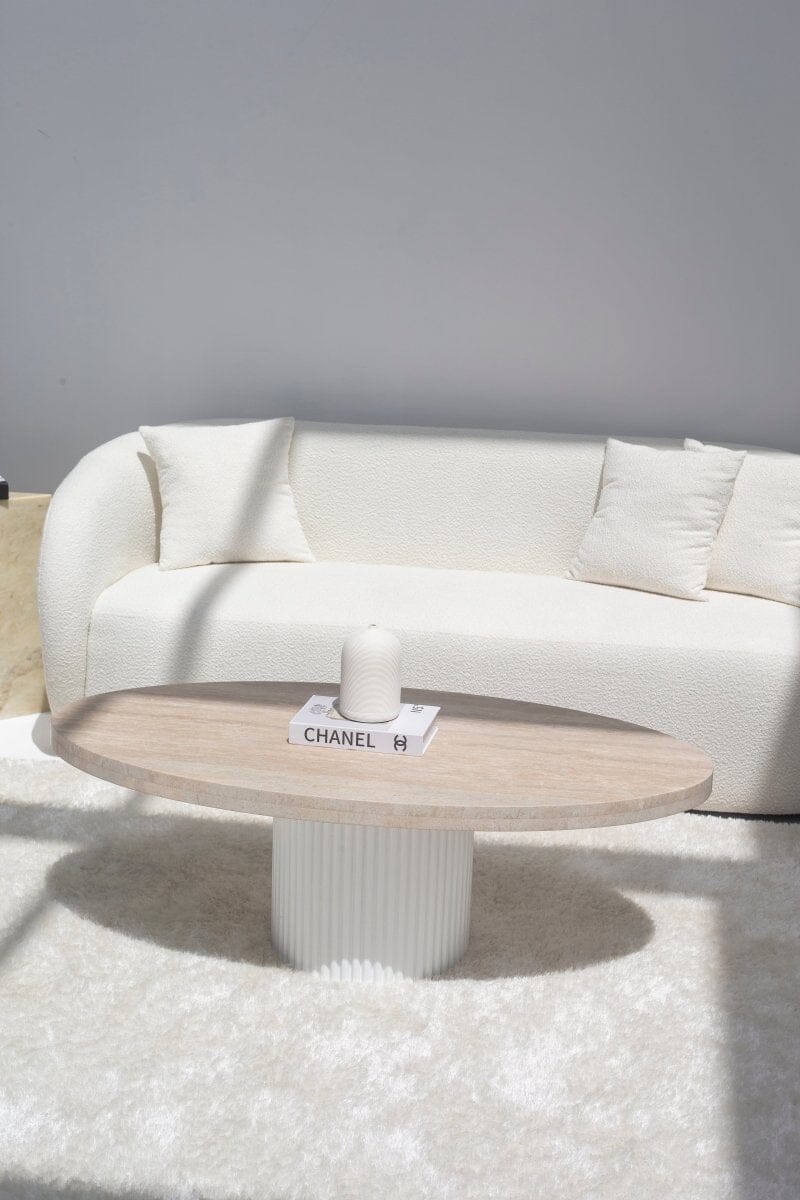 Melina Oval Travertine Coffee Table With White Base - Image 7