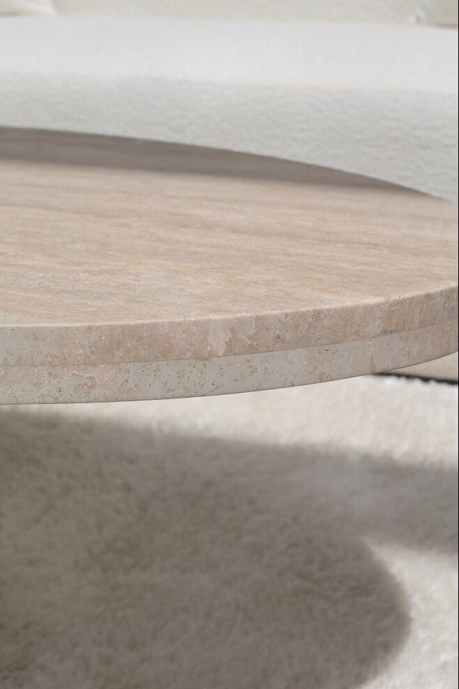 Melina Oval Travertine Coffee Table With White Base - Image 8