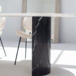 Dakota Greek Calacatta Marble Oval Dining Table With Black Marquina Half Moon Legs